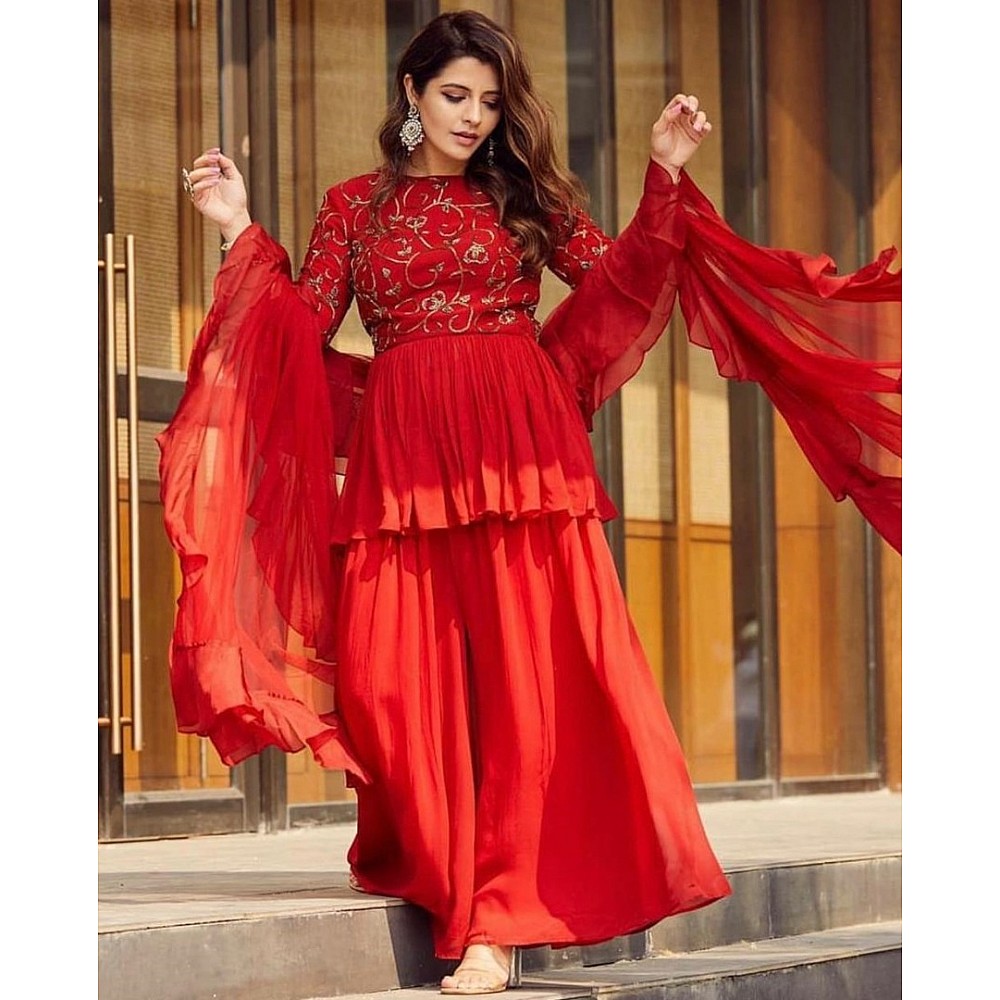 Red georgette embroidered work plazzo suit