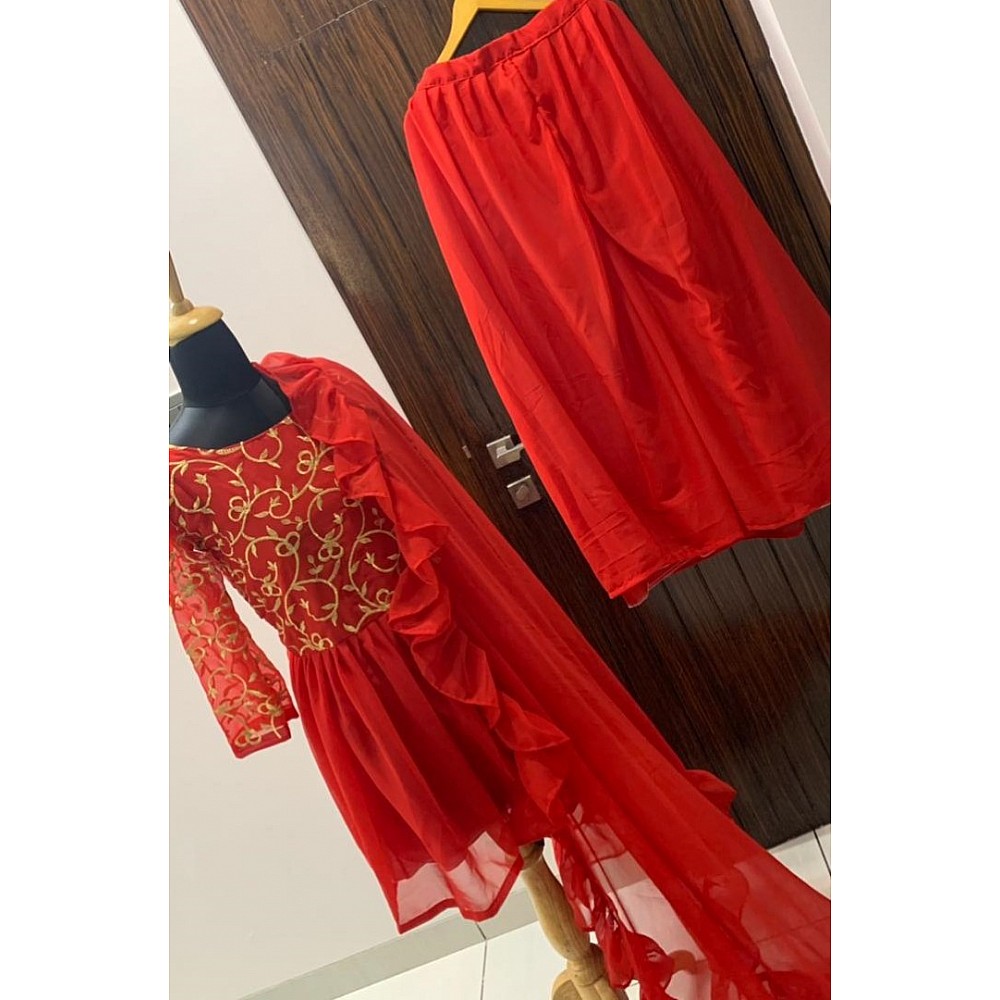 Red georgette embroidered work plazzo suit