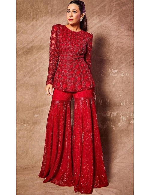Red georgette full sequence work party wear sharara plazzo suit