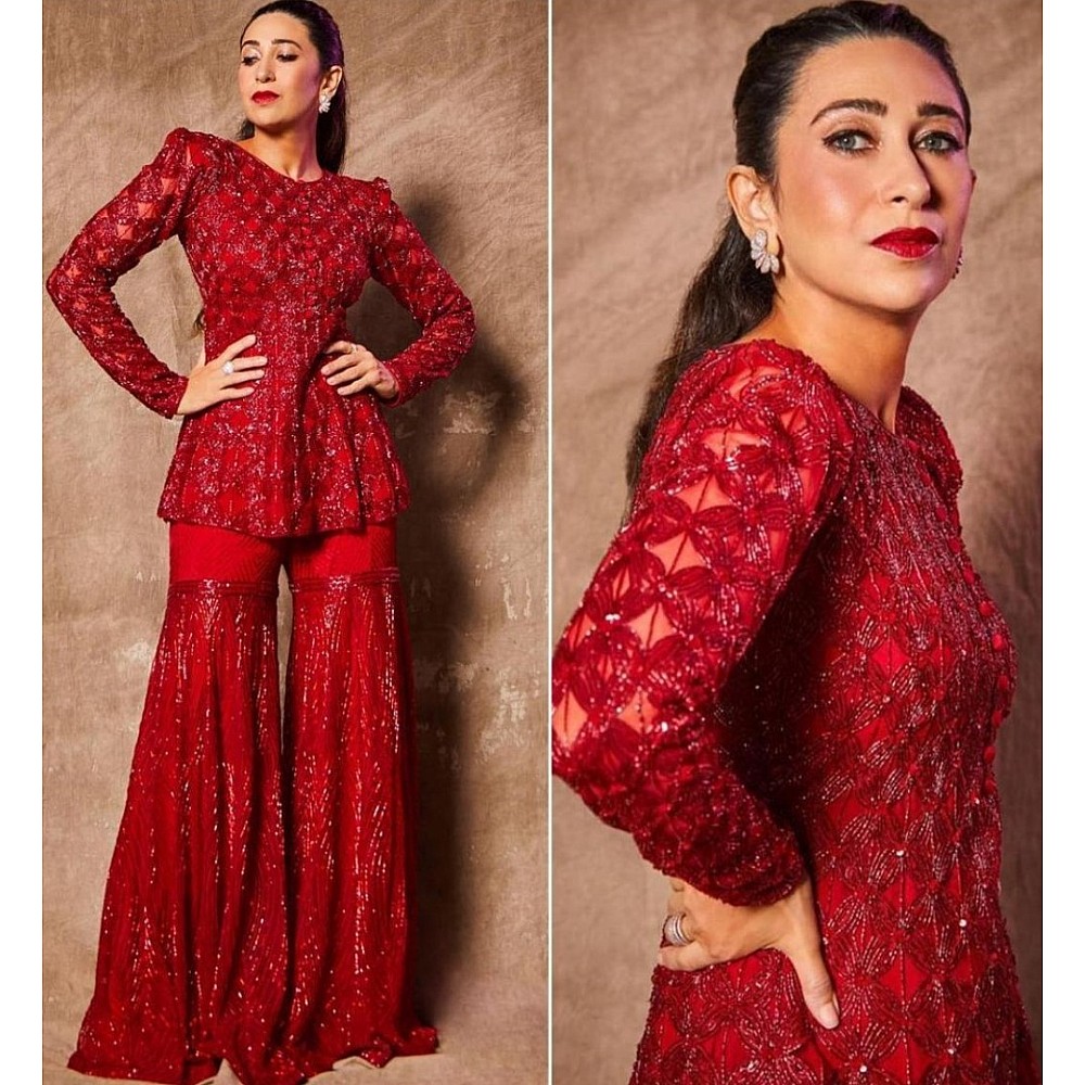 Red georgette full sequence work party wear sharara plazzo suit