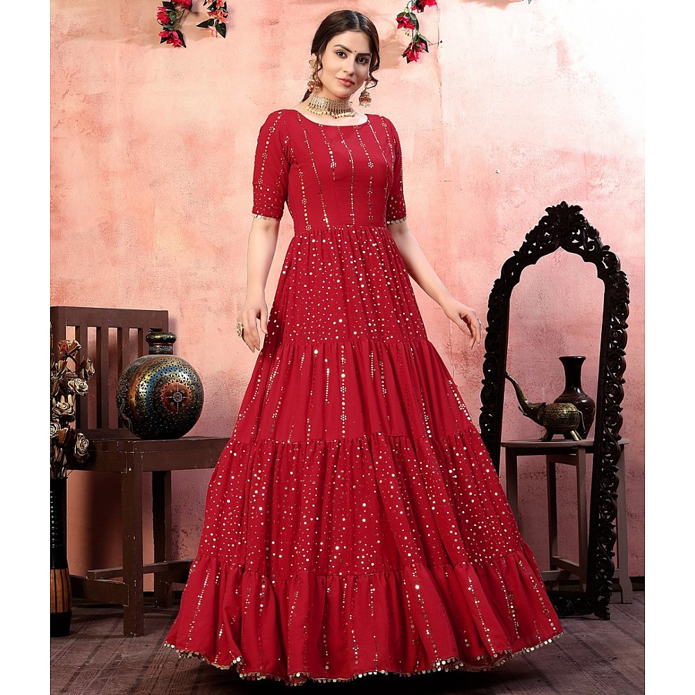 Red georgette golden sequence work party wear gown