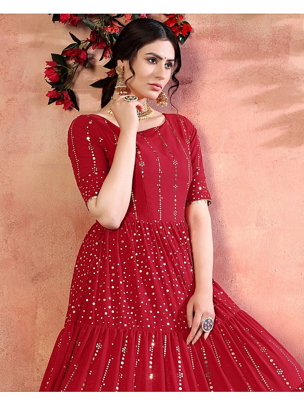 Red Foilage Print Taffeta Silk Party Wear Gown Semi Stitched-pokeht.vn
