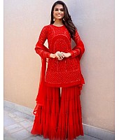 Red georgette moti work sharara salwar suit