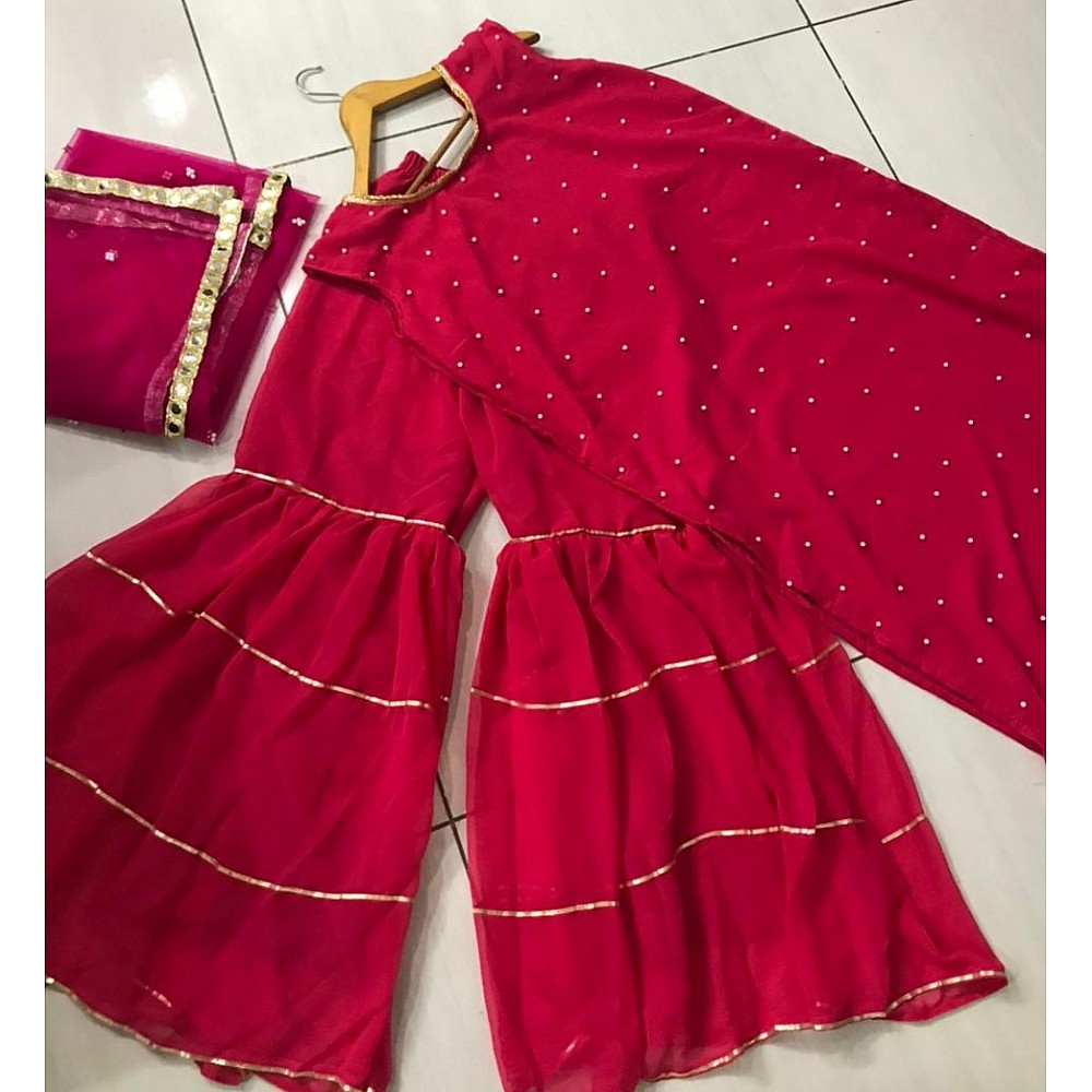 Red georgette pearl work sharara salwar suit
