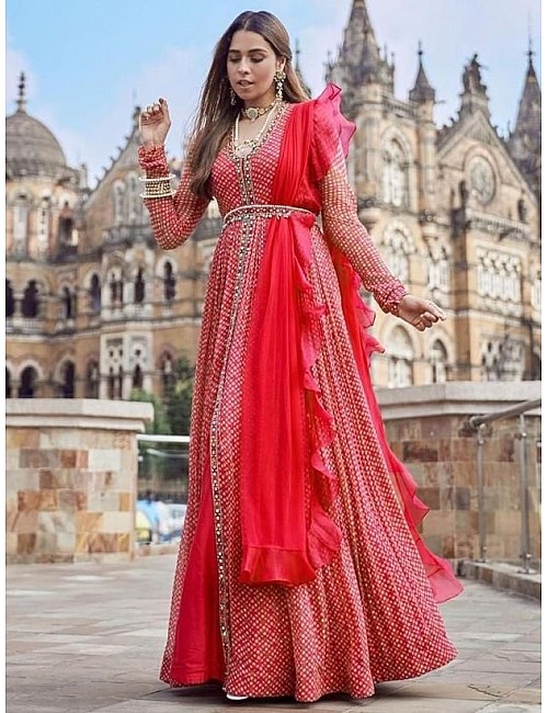 Red georgette printed gown