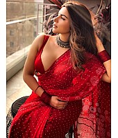 Red georgette printed mirror lace saree