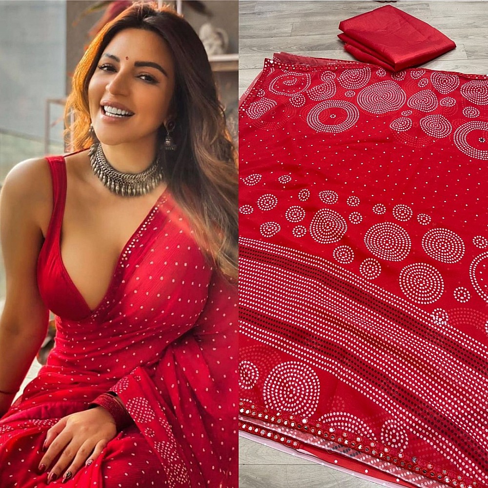 Red georgette printed mirror lace saree