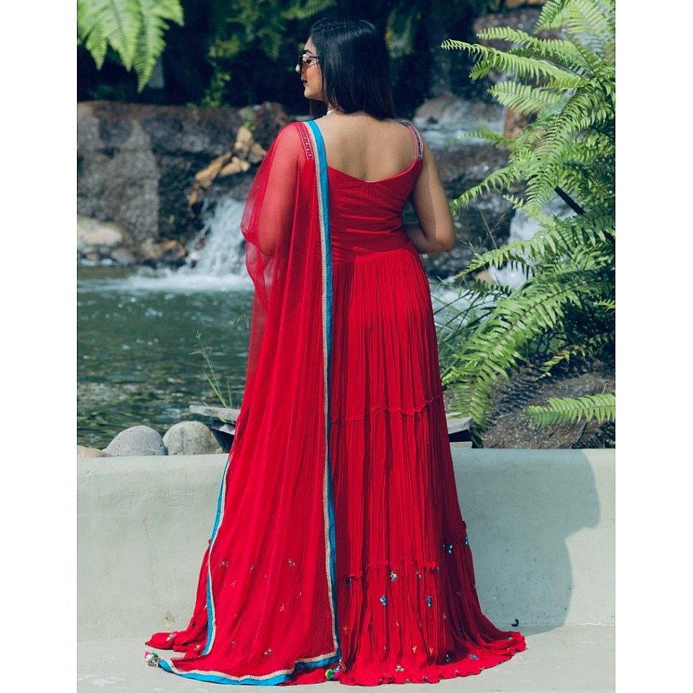 Red georgette real mirror and coading work gown