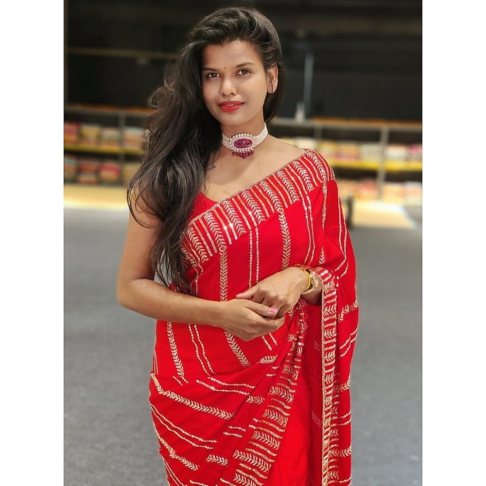 Red georgette thread embroidered saree