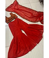 Red georgette thread work flary sharara suit