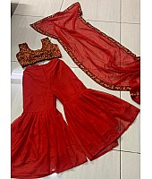 Red georgette thread work flary sharara suit