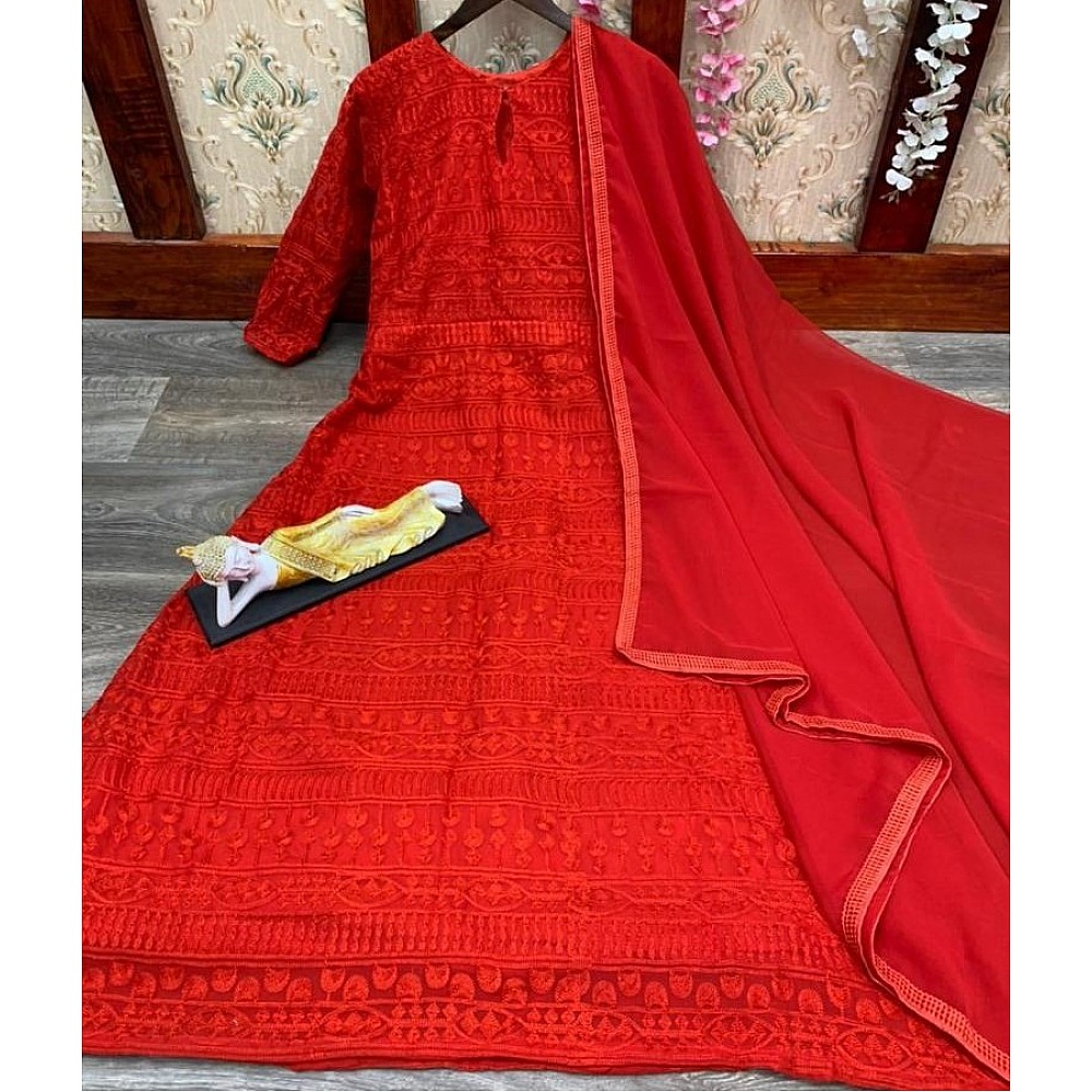 Red georgette with chain stitched work anarkali gown