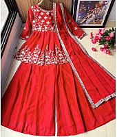 Red georgette zari embroidered work plazzo suit