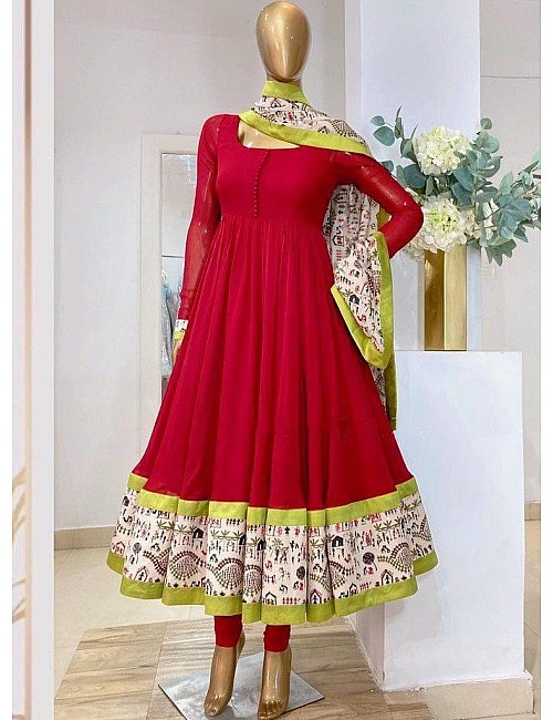 Red heavy georgette digital printed work gown with dupatta 