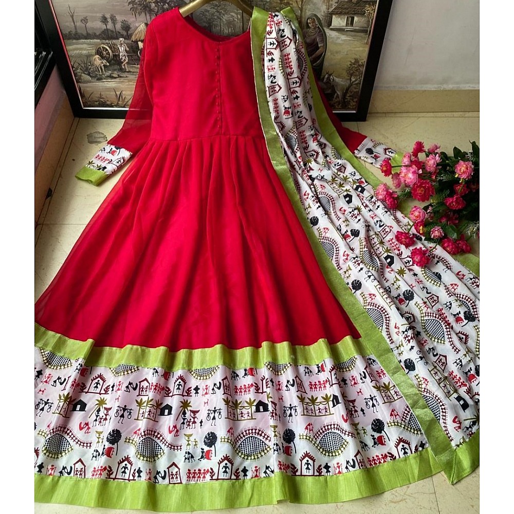 Red heavy georgette digital printed work gown with dupatta 