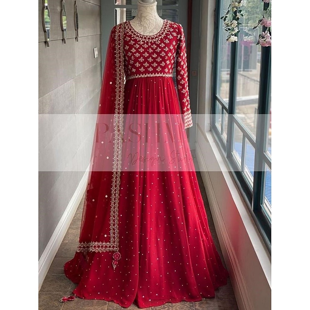 Red heavy georgette fully embroidered work designer gown
