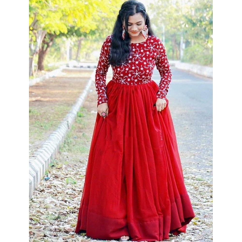 Red heavy georgette with embroidered work gown