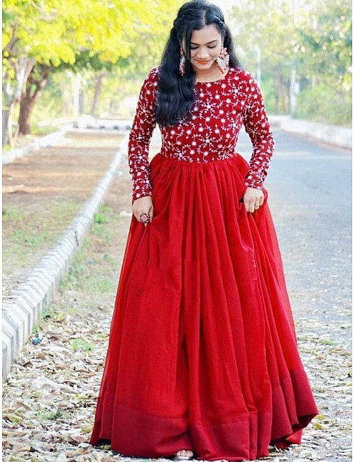Red heavy georgette with embroidered work gown