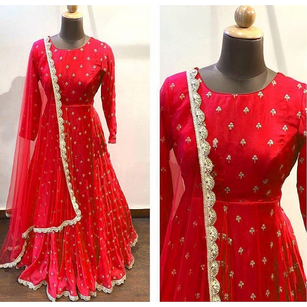 Red heavy georgette with embroidered work party wear gown