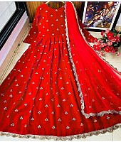 Red heavy georgette with embroidered work party wear gown