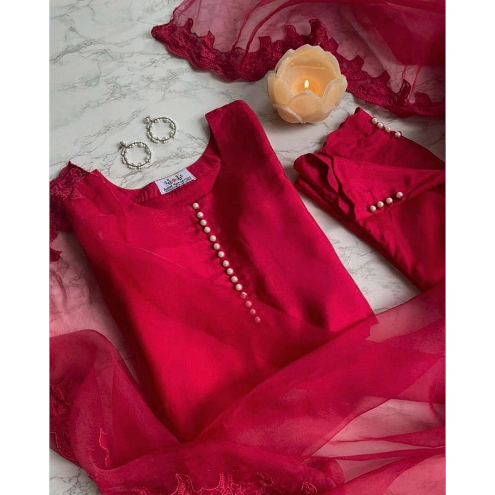 Red heavy japan silk pearl border work salwar suit