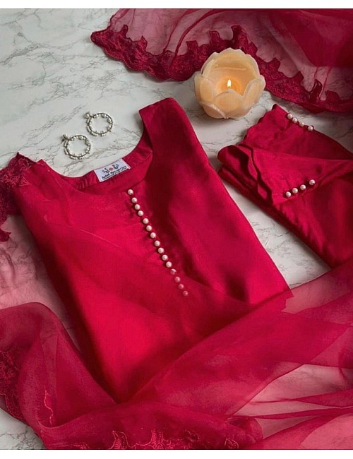 Red heavy japan silk pearl border work salwar suit