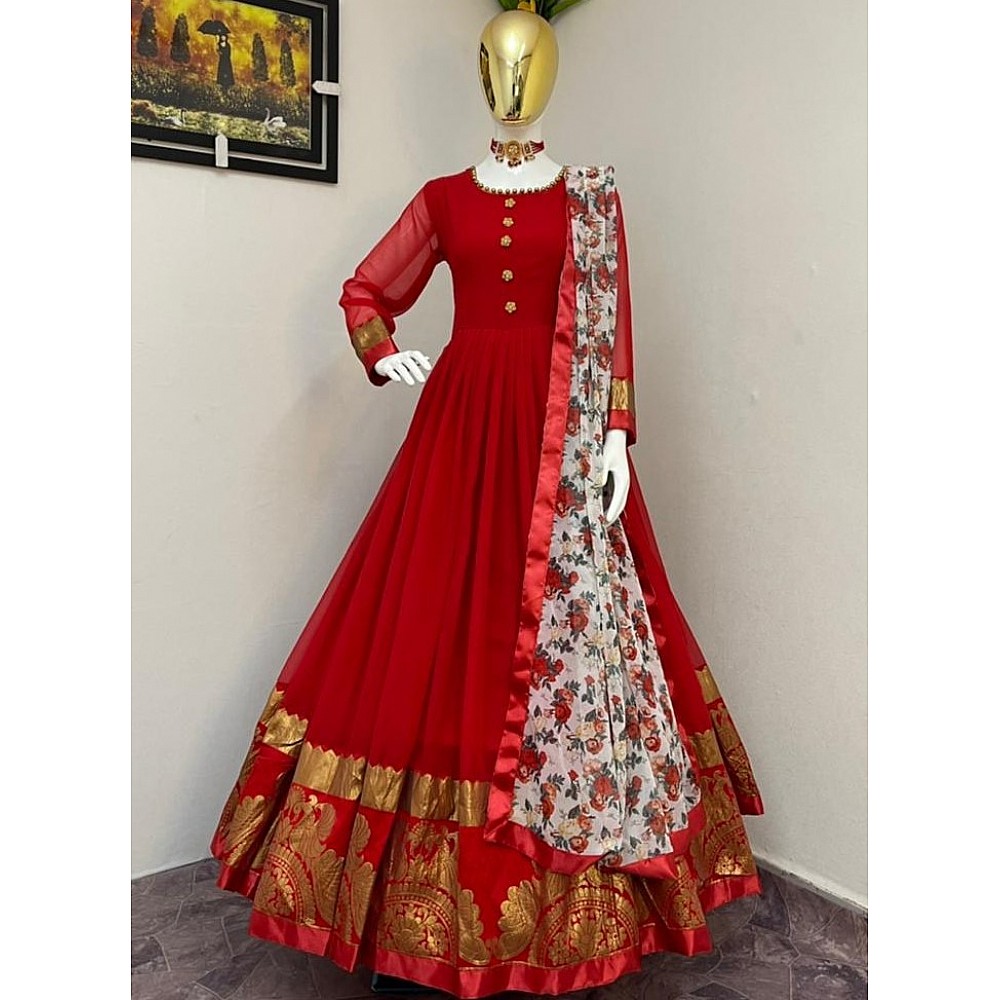 Red jacquard weaving work party wear gown