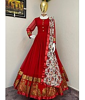 Red jacquard weaving work party wear gown