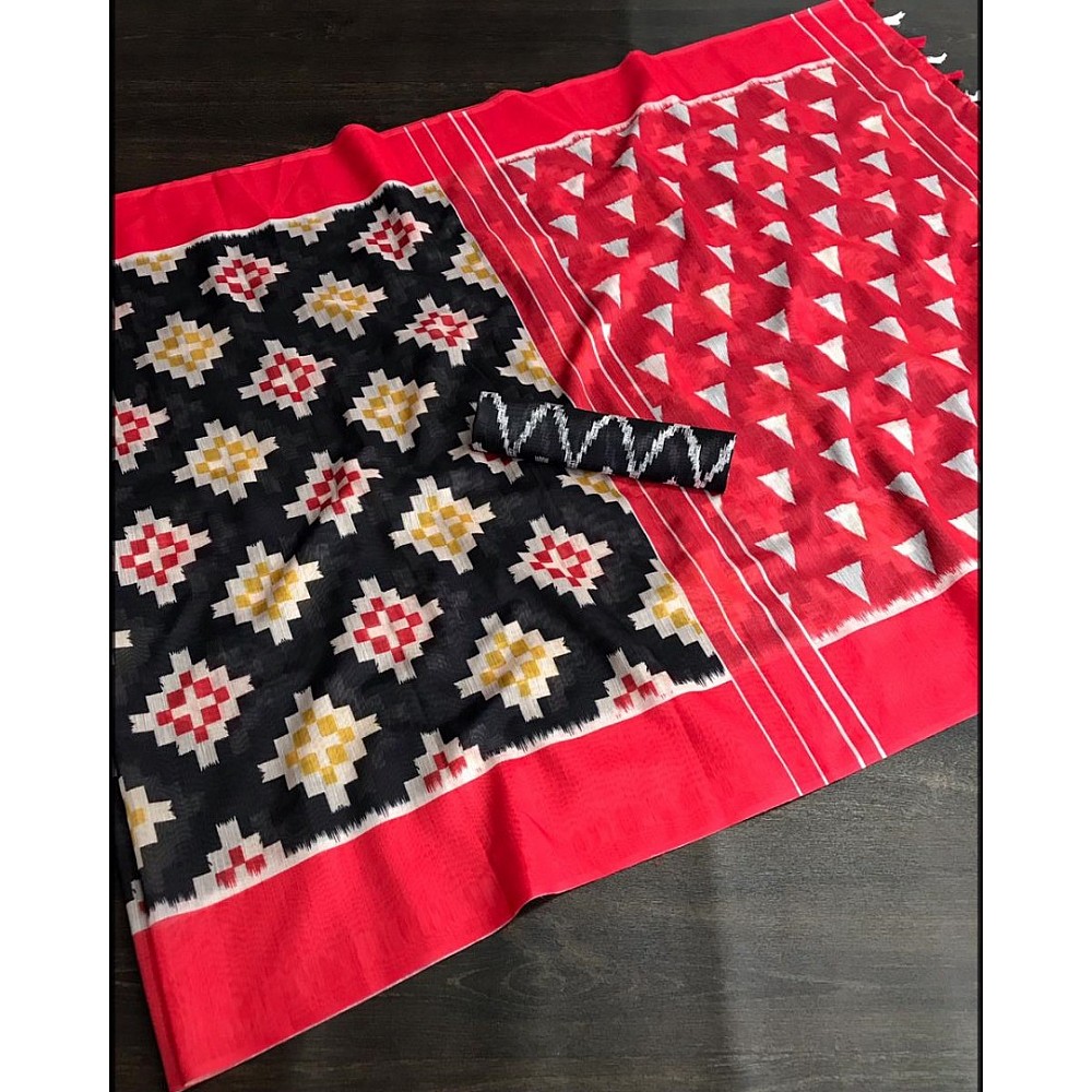 Red slub linen cotton digital printed work saree