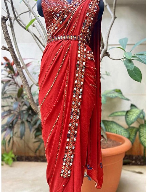 Red soft georgette embroidered mirror kodi work traditional saree
