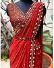 Red soft georgette embroidered mirror kodi work traditional saree
