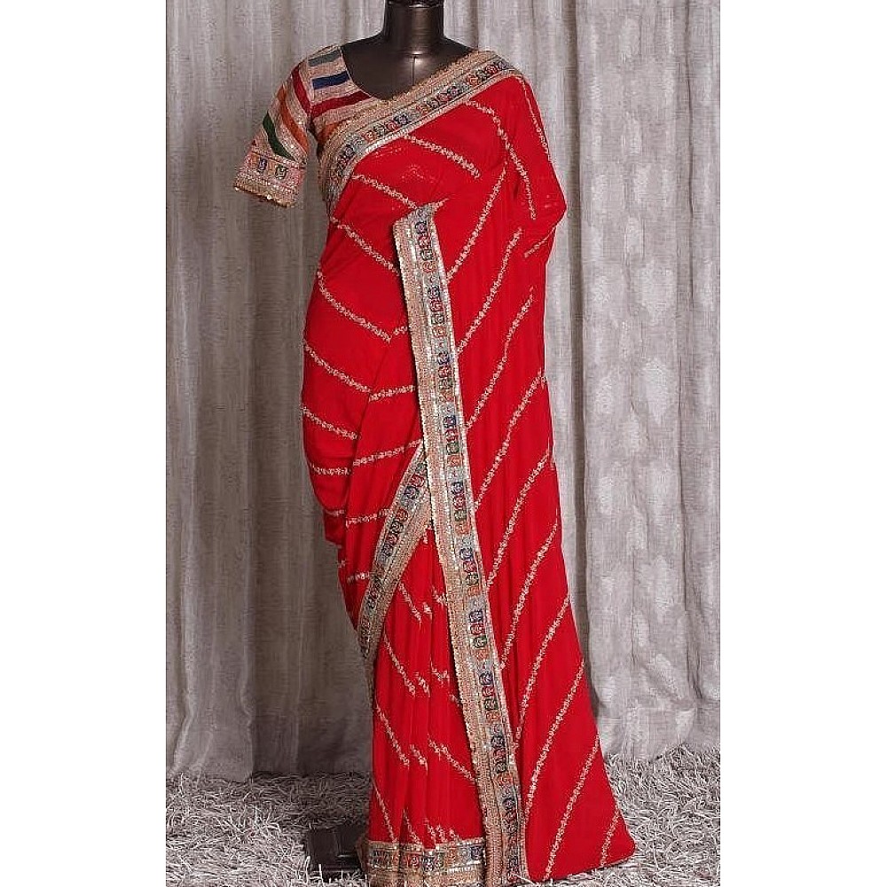Red soft georgette sequence embroidered work ceremonial saree