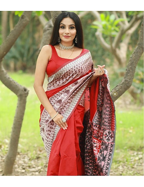 Red soft lichi silk jacquard weaving work party wear saree
