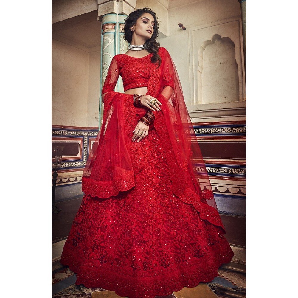 Red soft net sequence work bridal and party wear lehenga choli