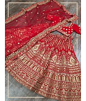 Red velvet heavy embroidered bridal lehenga choli