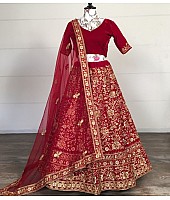 Red velvet thread embroidered work wedding lehenga choli