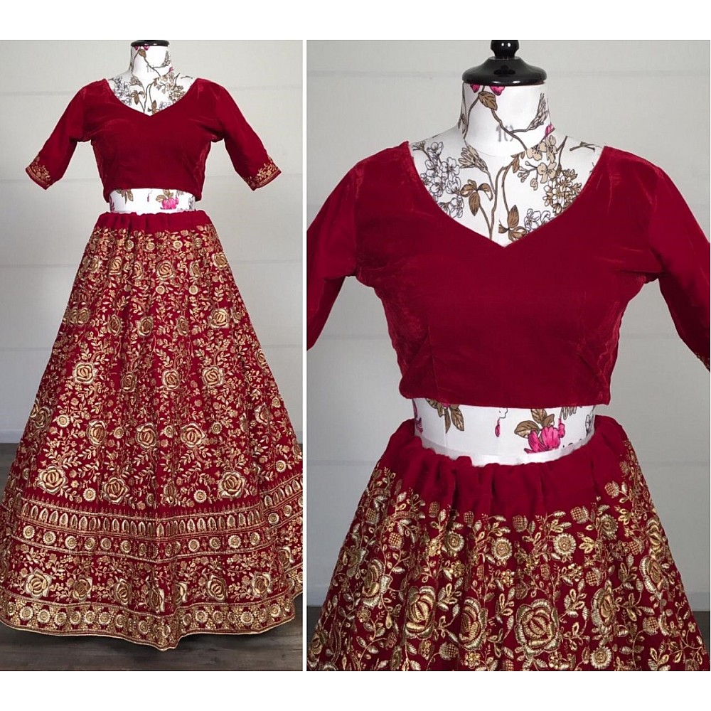 Red velvet thread embroidered work wedding lehenga choli