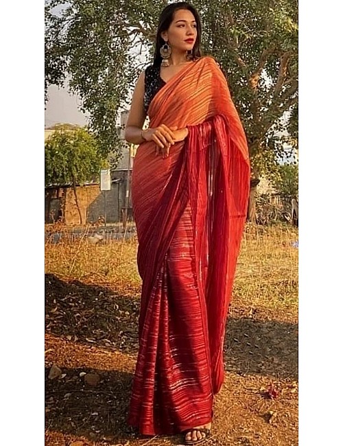 Red vichitra silk weightless silver zari patta work saree