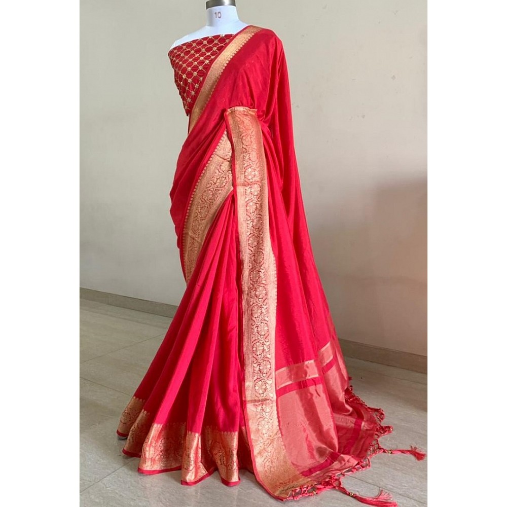 Red vichitra silk woven border and sequence work wedding saree
