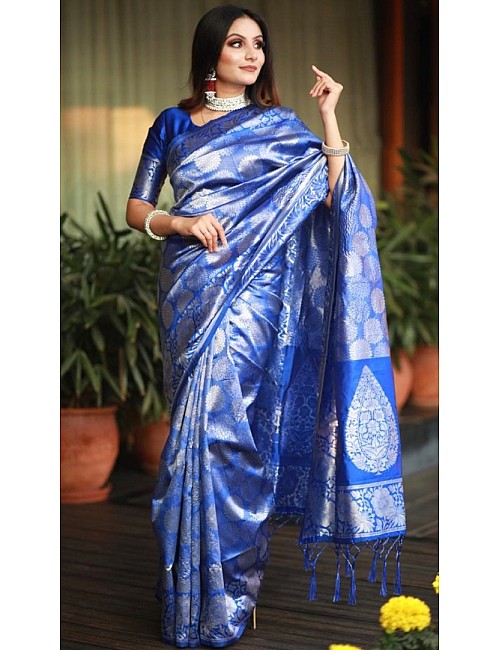 Royal blue soft silk silver zari weaving work wedding saree