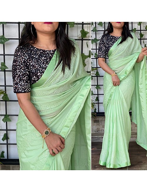 Sea green chinon silk sequence and thread work party wear saree