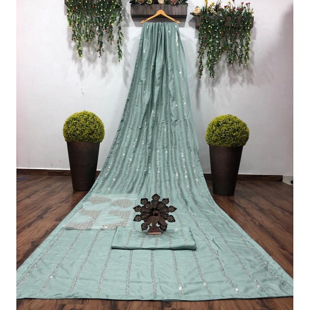 Sea green dola silk sequence work saree