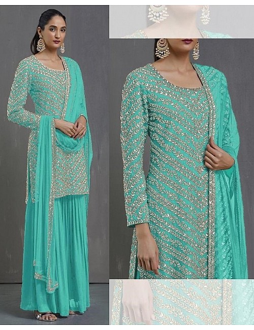 Sea green faux georgette embroidered sequence plazzo suit