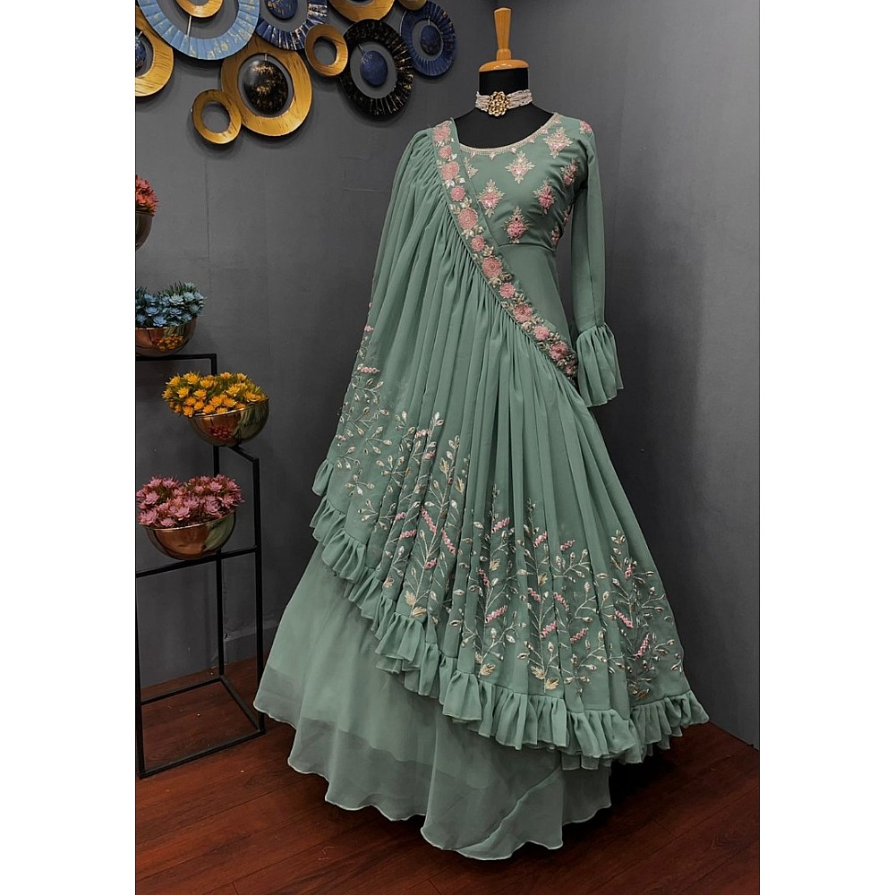 Sea green georgette embroidered indowestern gown