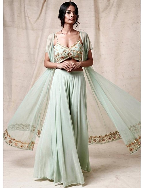 Sea green georgette embroidered indowestern plazzo suit 