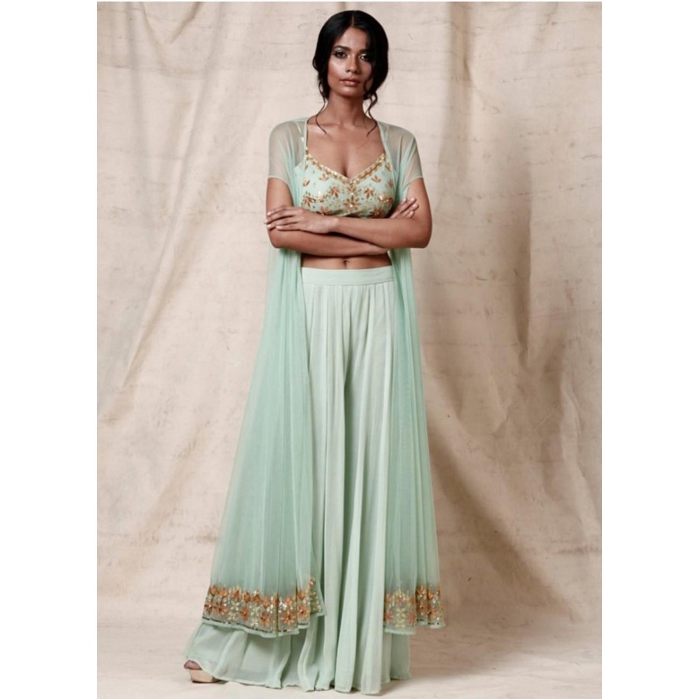 Sea green georgette embroidered indowestern plazzo suit