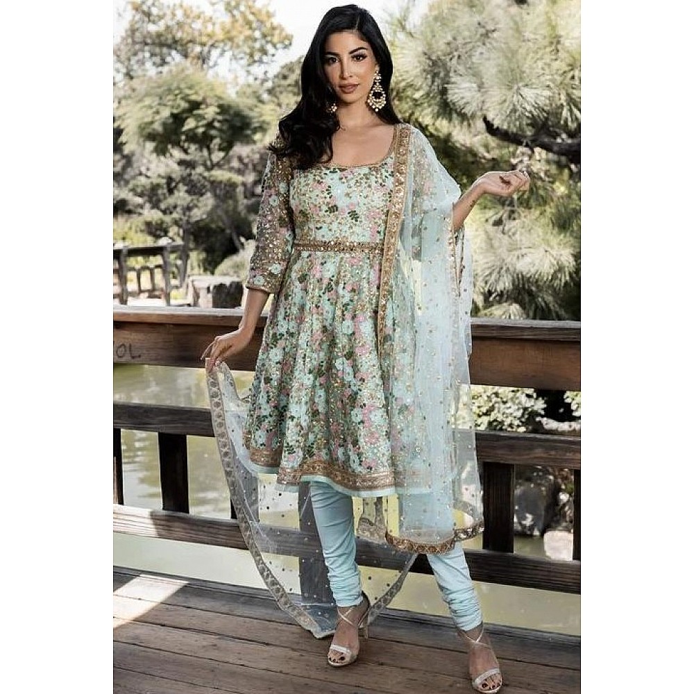Sea green georgette embroidery sequence work salwar suit