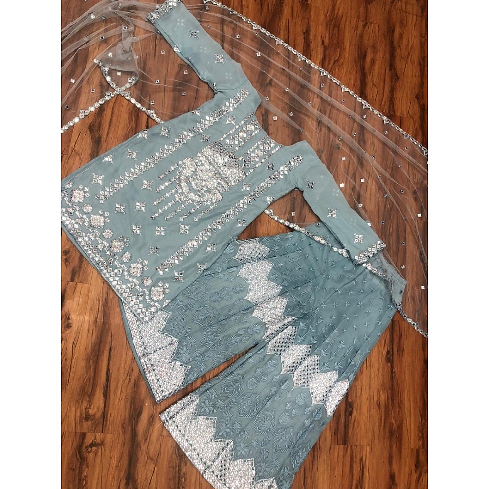 Sea green georgette paper mirror work plazzo suit
