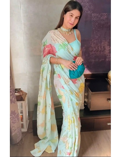 Sea green georgette thread and sequence work saree