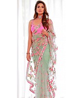 Sea green heavy nylon butterfly embroidered saree